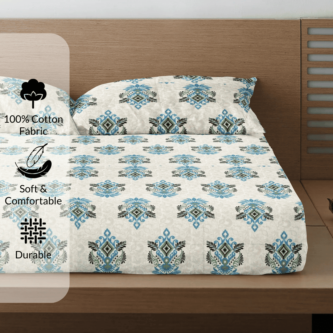 Printed Floral Cotton 300 TC Bedsheet with Pillow Covers - Blue