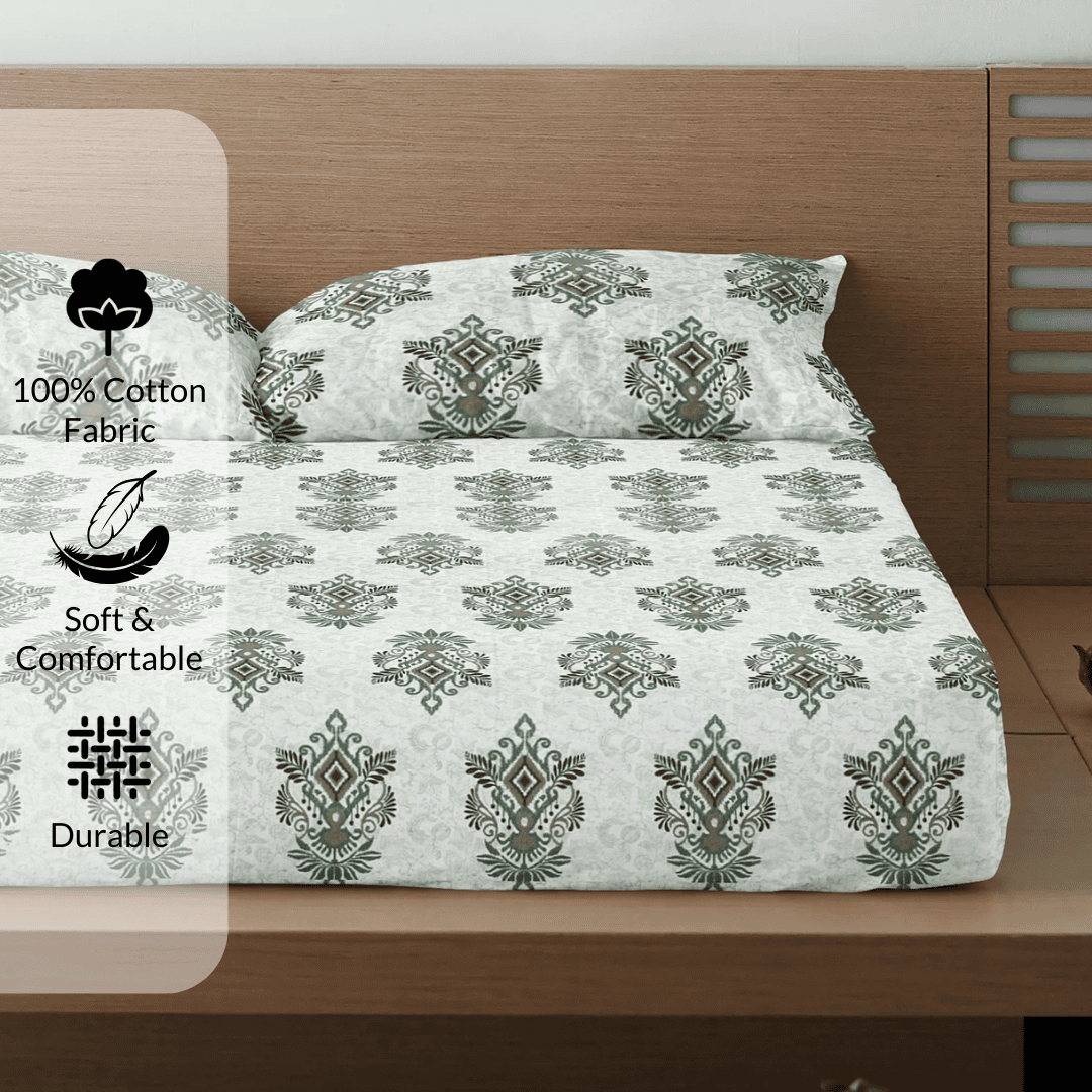 Printed Floral Cotton 300 TC Bedsheet with Pillow Covers - Green