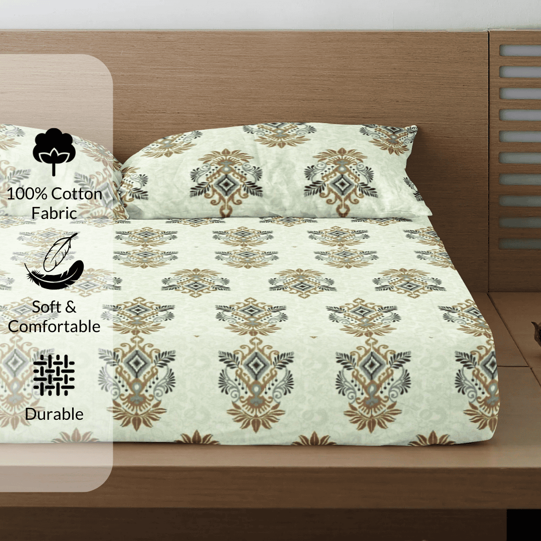 Printed Floral Cotton 300 TC Bedsheet with Pillow Covers - Olive