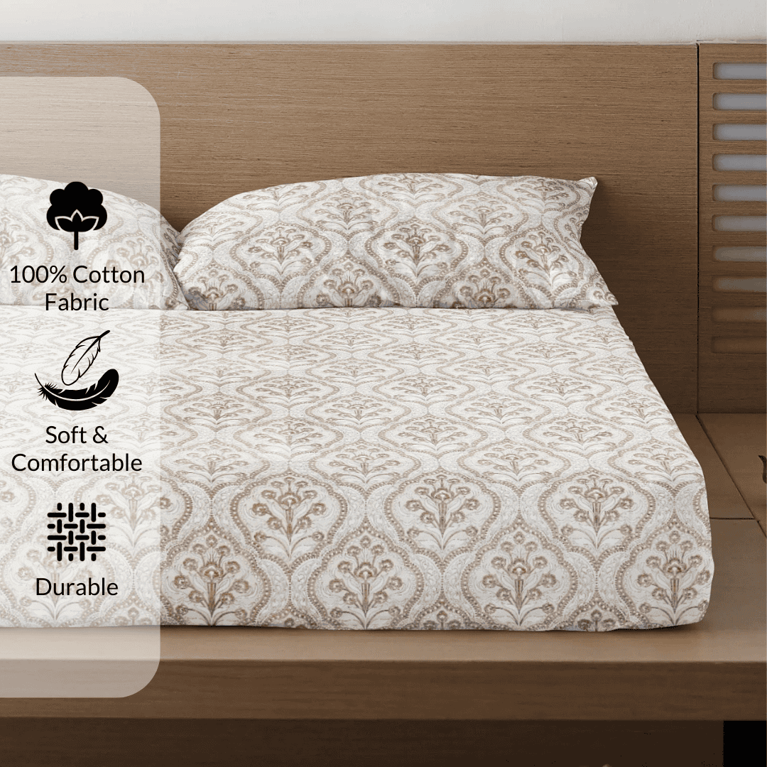 Printed Floral Cotton 300 TC Bedsheet with Pillow Covers - Brown