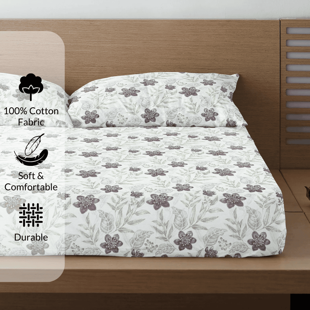 Printed Floral Cotton 300 TC Bedsheet with Pillow Covers - Burgundy