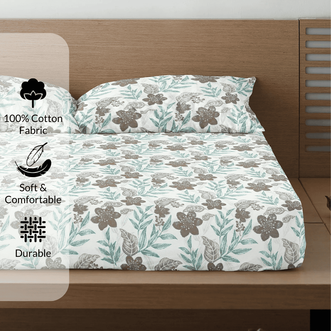 Printed Floral Cotton 300 TC Bedsheet with Pillow Covers - Brown