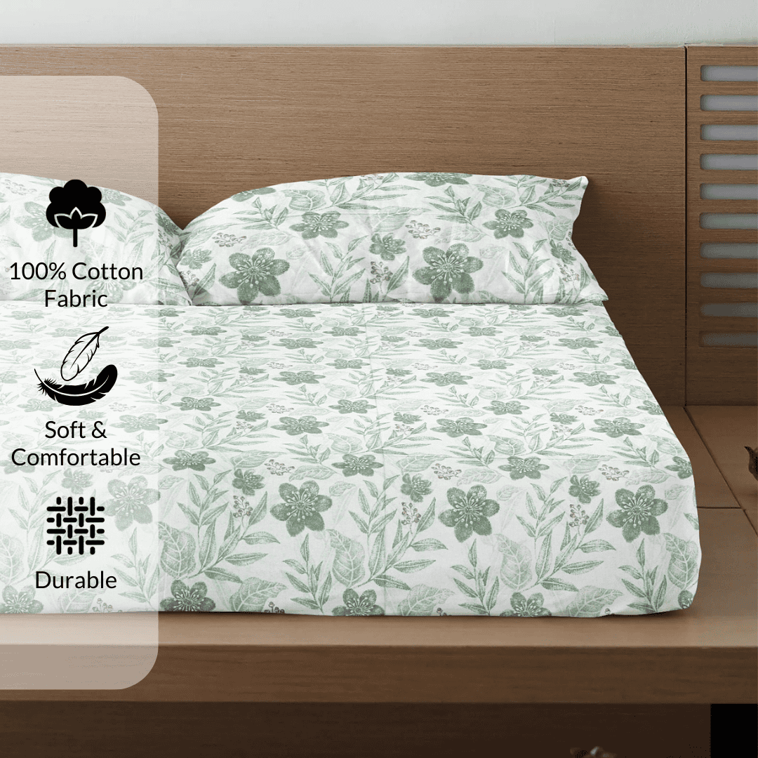 Printed Floral Cotton 300 TC Bedsheet with Pillow Covers - Green