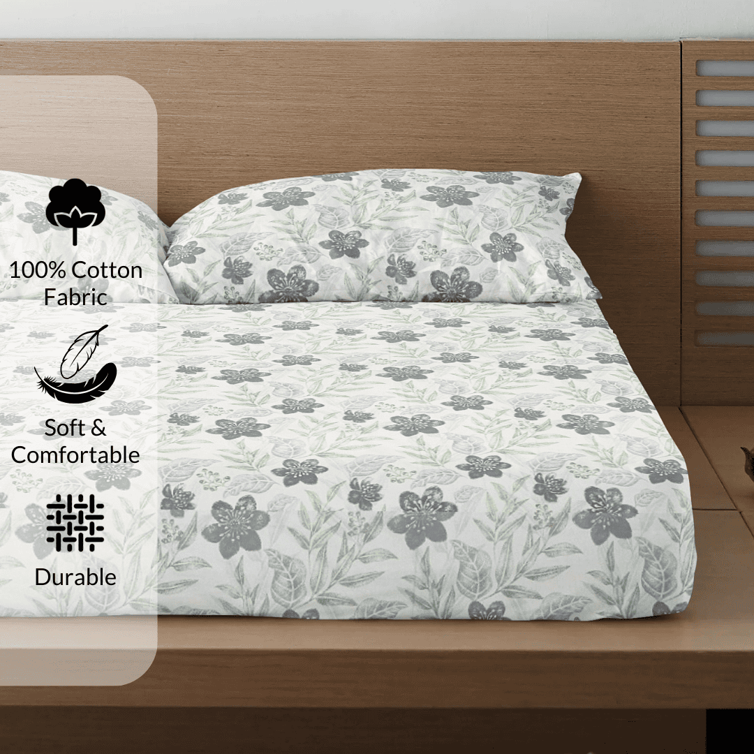 Printed Floral Cotton 300 TC Bedsheet with Pillow Covers - Grey