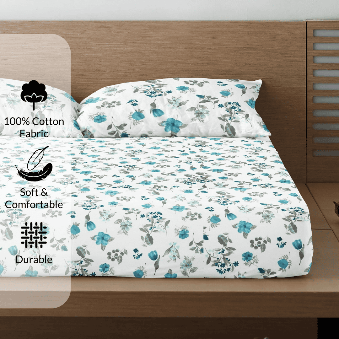 Printed Floral Cotton 300 TC Bedsheet with Pillow Covers - Blue