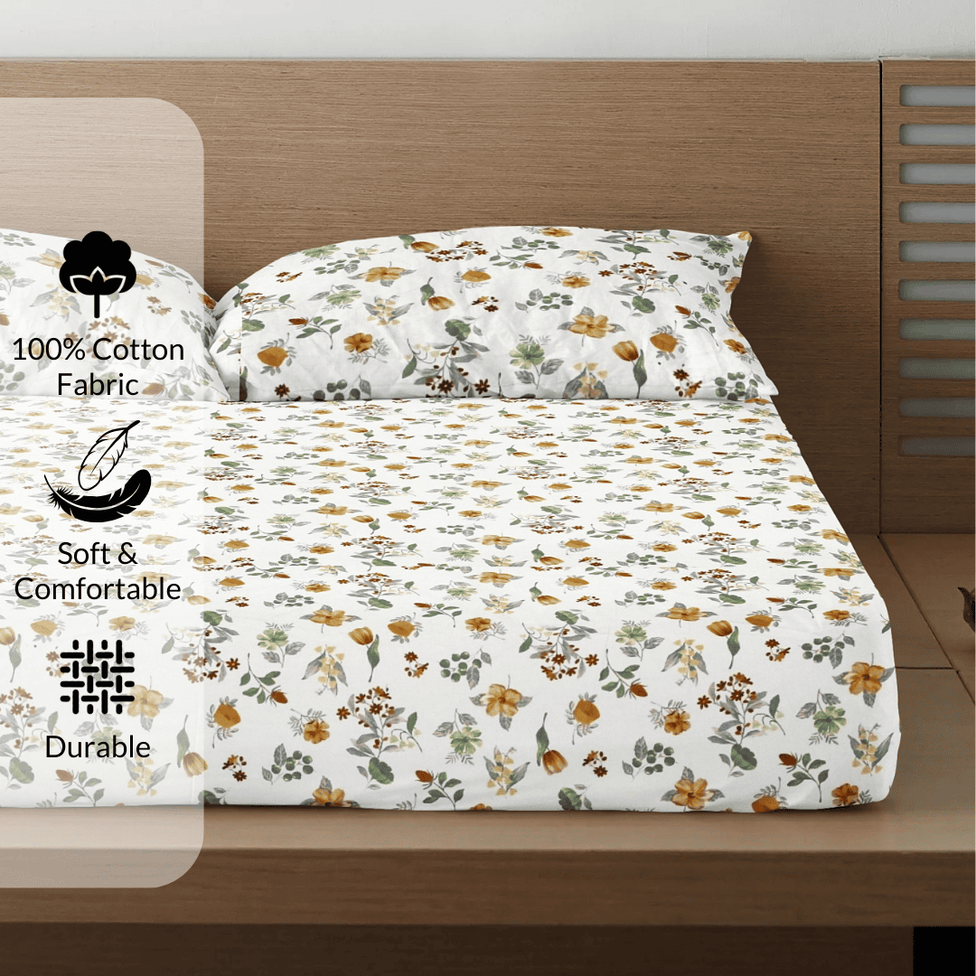Printed Floral Cotton 300 TC Bedsheet with Pillow Covers - Mustard