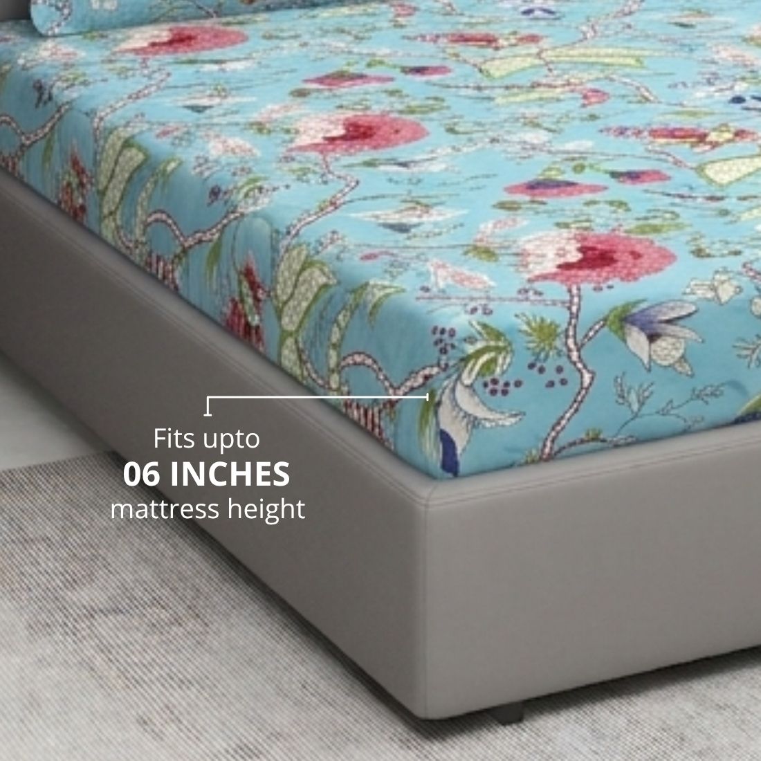 Floral 210 TC Fitted Bedsheet with Pillow Covers - Blue