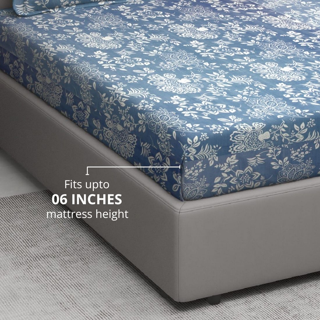 Floral 210 TC Fitted Bedsheet with Pillow Covers - Blue