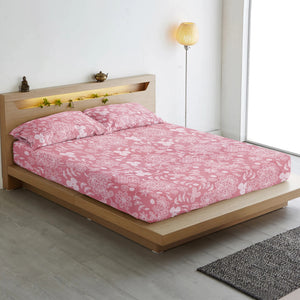 Soft Cotton Floral Print 210 TC Fitted Bedsheet In Peach At Best Prices
