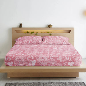Soft Cotton Floral Print 210 TC Fitted Bedsheet In Peach At Best Prices