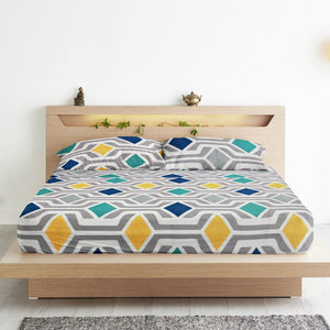 Cotton Geometrical Print 210 TC King Size Fitted Bedsheet In Multicolor Online In India