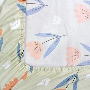 Cotton Floral Print 210 TC King Size Fitted Bedsheet In Khaki At Best Prices