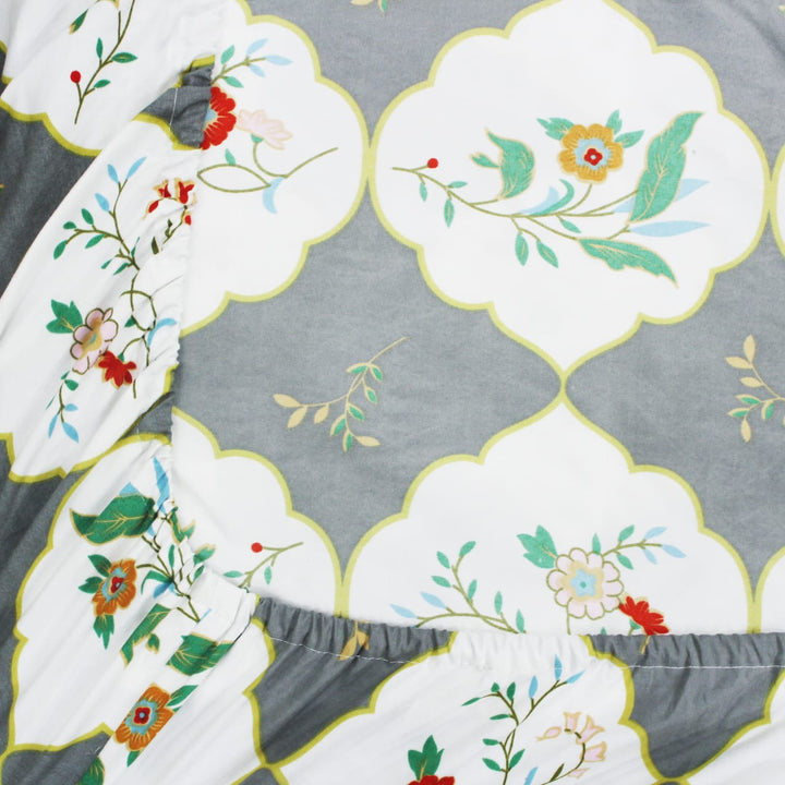 Cotton Floral Print 210 TC King Size Fitted Bedsheet In Grey At Best Prices