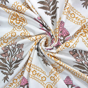 Cotton Floral Print 210 TC King Size Fitted Bedsheet In Mustard At Best Prices