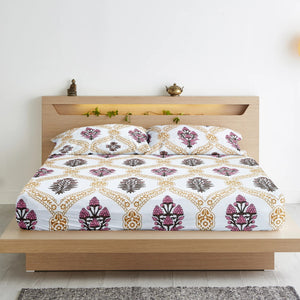 Cotton Floral Print 210 TC King Size Fitted Bedsheet In Mustard At Best Prices