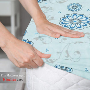 Cotton Floral Print 210 TC King Size Fitted Bedsheet In Sky Blue At Best Prices