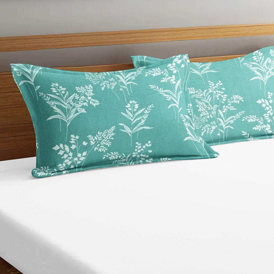 Printed Floral Set of 2 Pcs Pillow Cover - Aqua Green