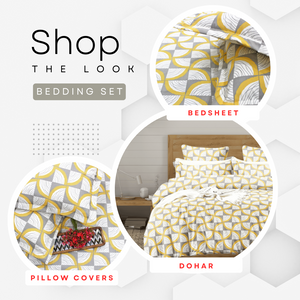 Cotton Geometrical Print 210 TC King Size Fitted Bedsheet In Yellow