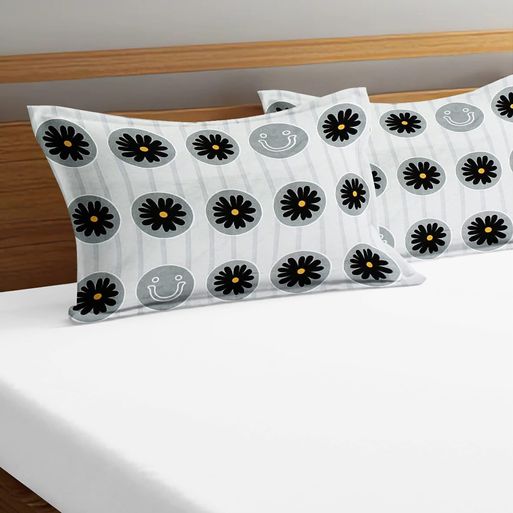 Printed Floral Set of 2 Pcs Pillow Cover - Grey