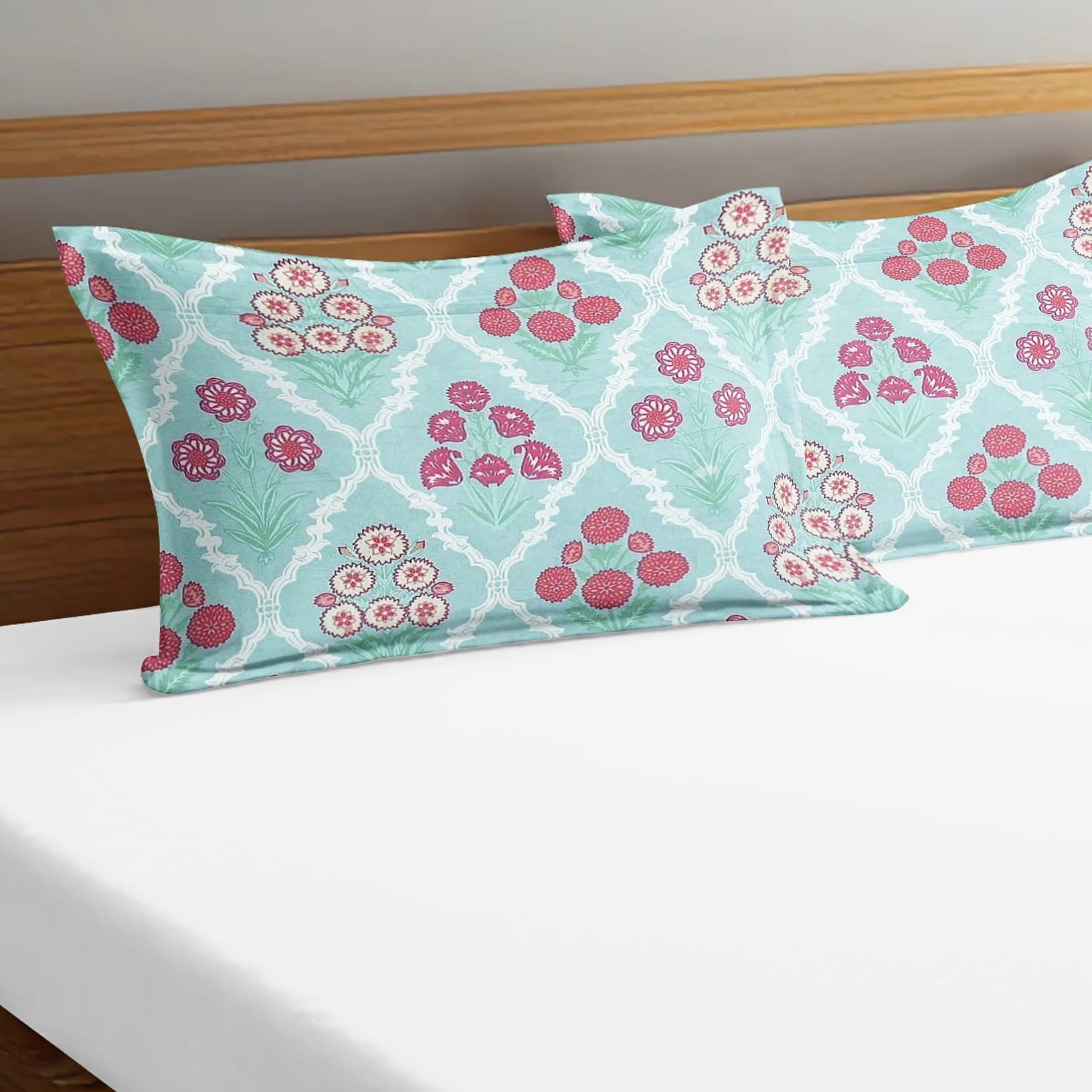 Printed Floral Set of 2 Pcs Pillow Cover - Aqua