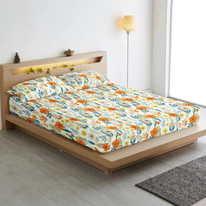 Cotton Floral Print 210 TC King Size Fitted Bedsheet In Multicolor
