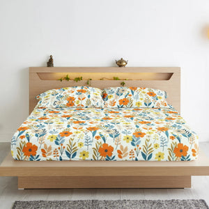 Cotton Floral Print 210 TC King Size Fitted Bedsheet In Multicolor
