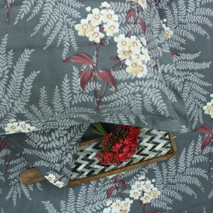 Cotton Floral Print 210 TC King Size Fitted Bedsheet In Grey