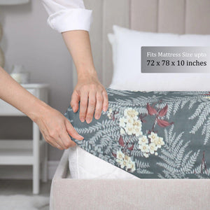 Cotton Floral Print 210 TC King Size Fitted Bedsheet In Grey