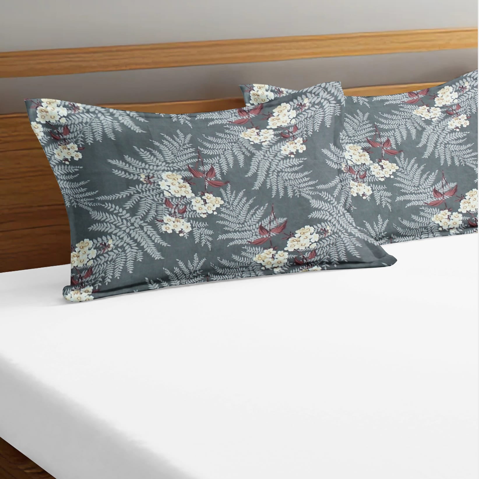 Printed Floral Set of 2 Pcs Pillow Cover - Grey