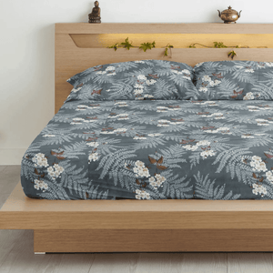 Floral 210 TC Flat bedsheet with Pillow Covers - Grey