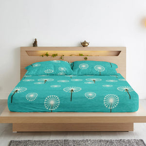 Cotton Floral Print 210 TC King Size Flat Bedsheet In Aqua