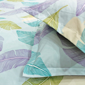 Close up Aqua Floral 210 TC Cotton Fitted Bedsheet Set with Matching Pillow Covers.
