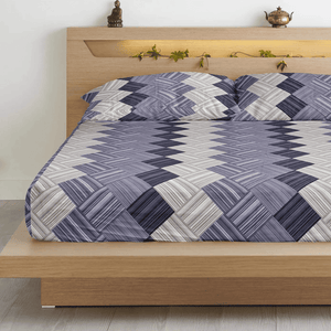 king-size flat bedsheets with a geometric pattern in purple