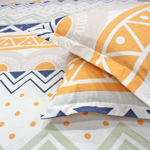 Geometric Pattern 210 TC Fitted Bedsheet – Soft cotton fabric in multicolor with and matching pillow covers.