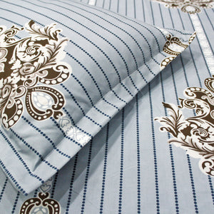 Full View Blue Damask Fitted Super King bedsheet with matching pillow covers