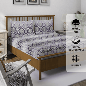 Luxury damask design cotton bedsheet in purple with pillow cover