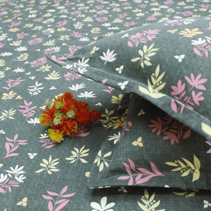 Grey fitted bedsheet set with floral print 210TC matching covers
