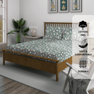 Grey fitted bedsheet set with floral print 210TC matching covers
