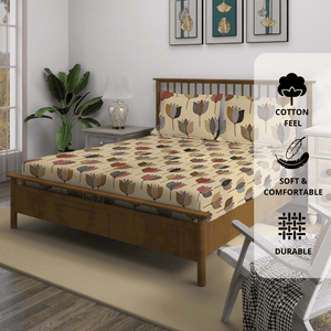 Floral 210 TC Fitted bedsheet with Pillow Covers - Brown