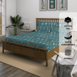 Aqua floral 210TC fitted bedsheet set with matching pillow covers