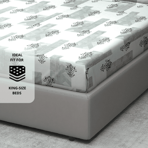Fitted sheet with geometric pattern on a bed, labeled 'Ideal Fit for King-Size Beds'.