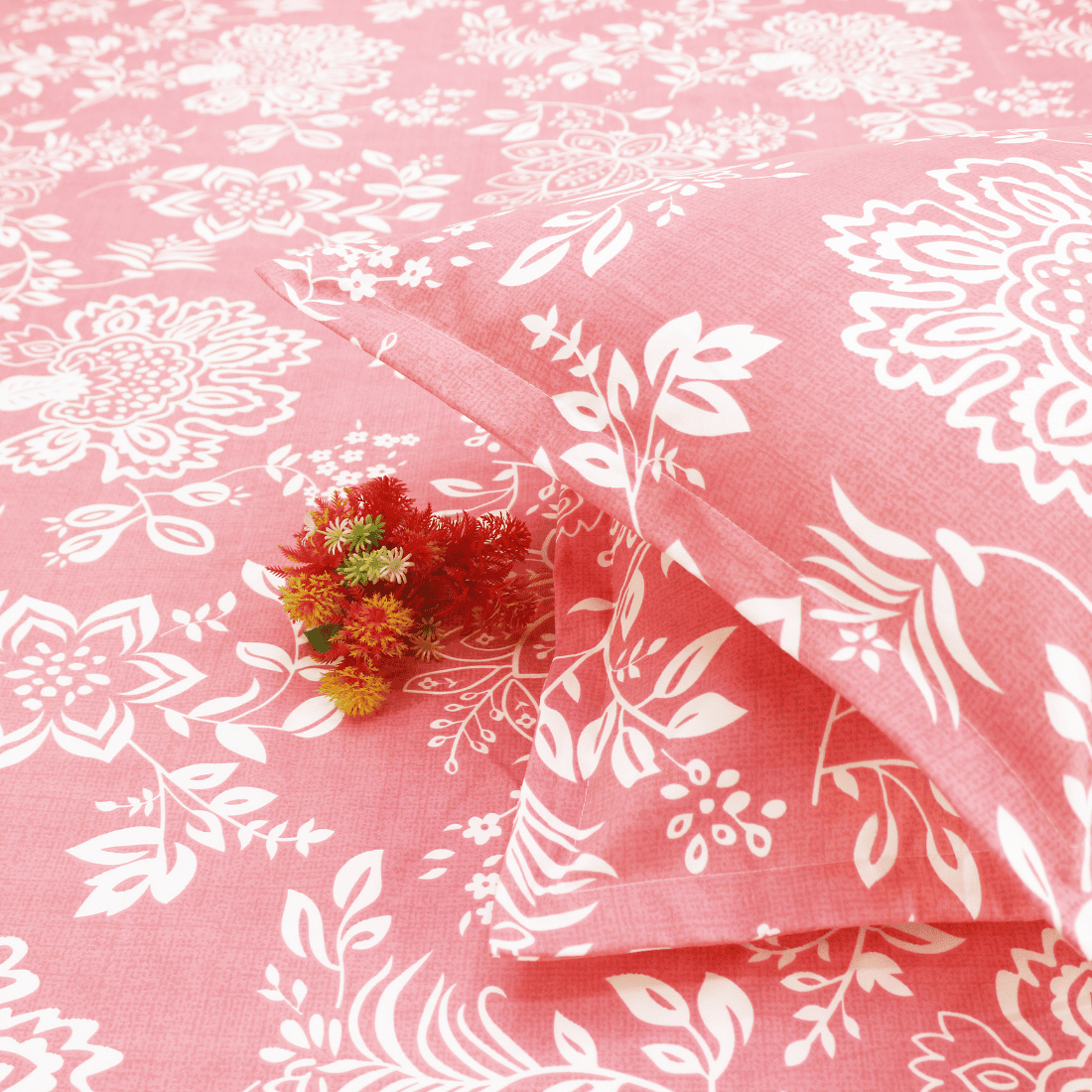 Floral 210 TC Flat bedsheet with Matching Pillow Covers - Pink
