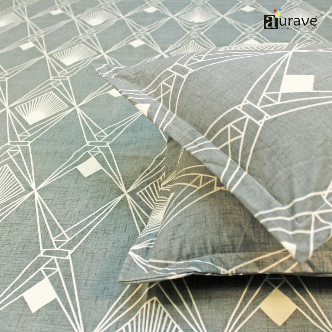 Geometrical 210 TC Flat bedsheet with Pillow Covers - Grey