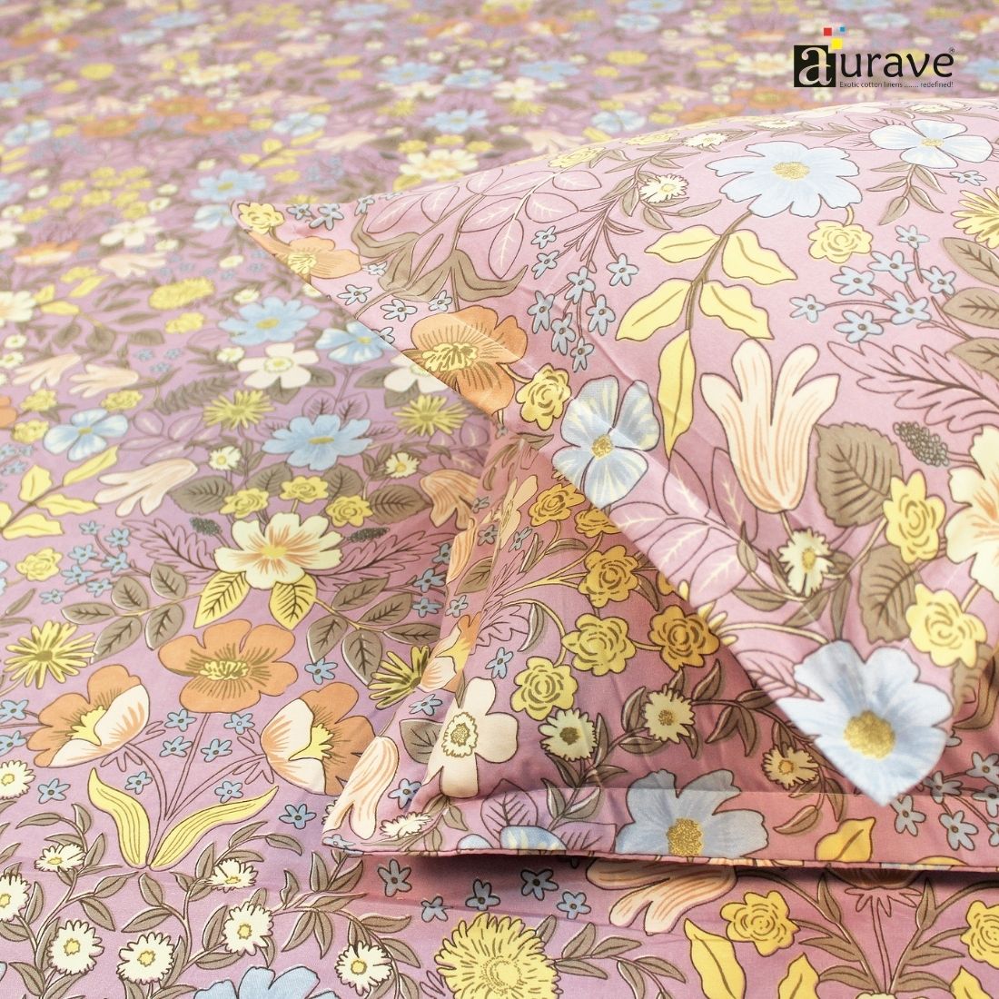 Floral 210 TC Flat bedsheet with Pillow Covers - Purple