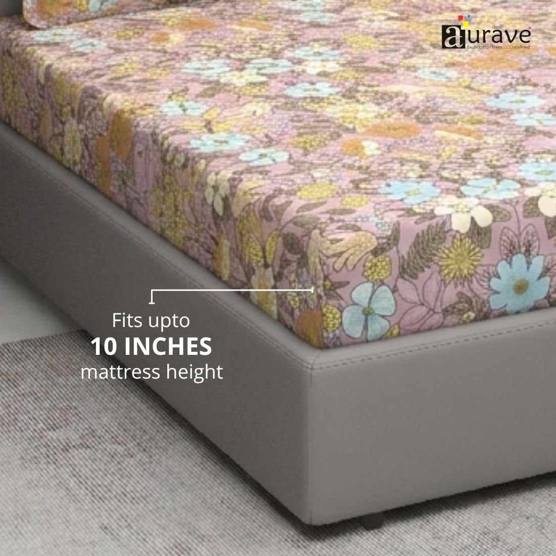 Floral 210 TC Fitted bedsheet with Pillow Covers - Purple