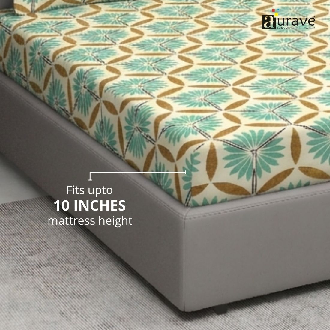 Floral 210 TC Fitted bedsheet with Pillow Covers - Green