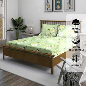 Floral Fitted bedsheet set on a wooden bed with room decor