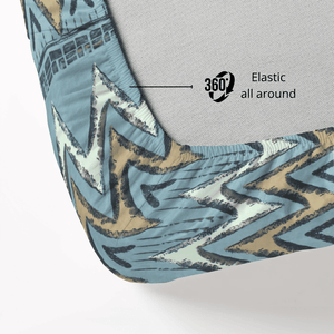 Elastic fitted cotton bedsheet in blue and tan abstract pattern