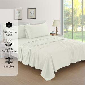 Plain Cotton Satin 400 TC Fitted Bedsheet with Pillow Covers - White