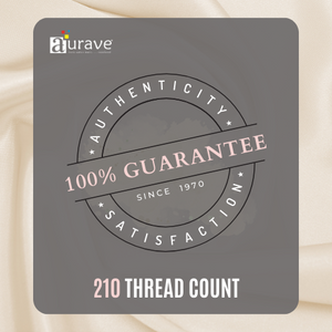 Aurave authenticity badge with 100% satisfaction guarantee since 1970 and 210 thread count assurance